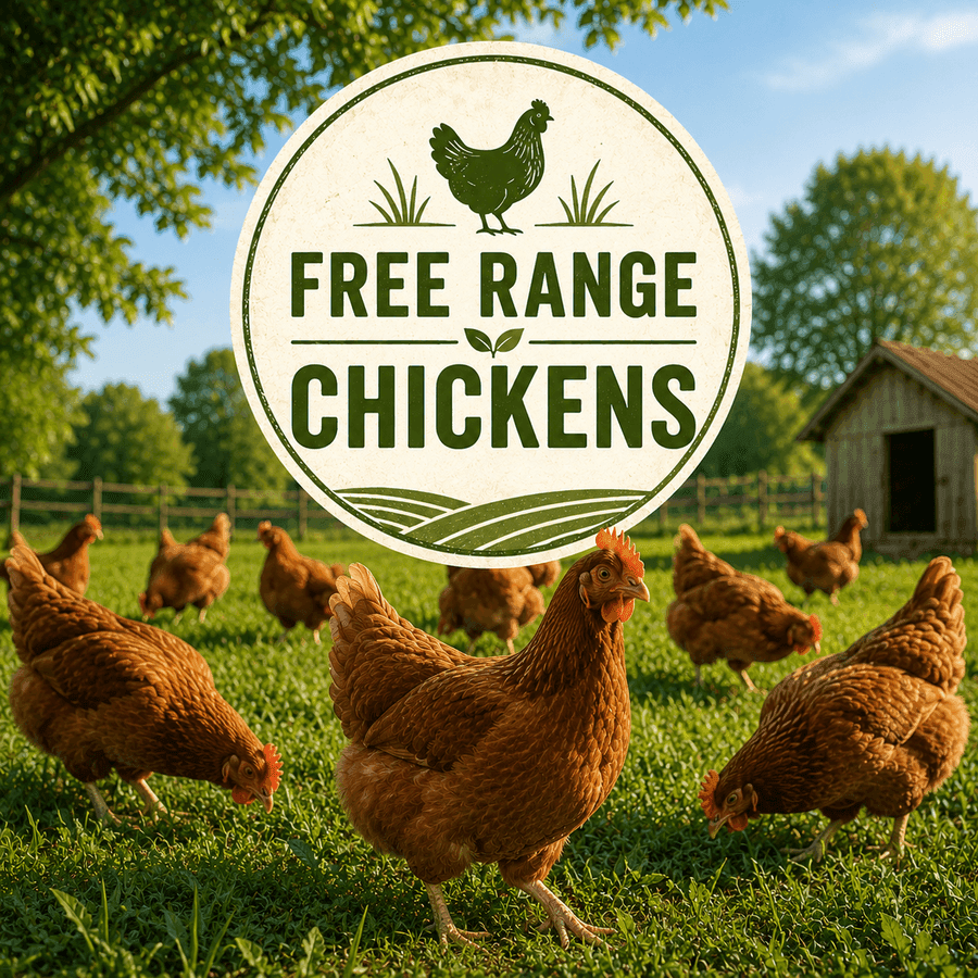 Free-range chickens on open pastures at ANJL Animal Farm